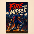 Illustrated batsman in a blue number 18 jersey kneeling after a shot – Fire in the Middle
