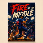 Illustrated batsman in a blue number 18 jersey kneeling after a shot – Fire in the Middle