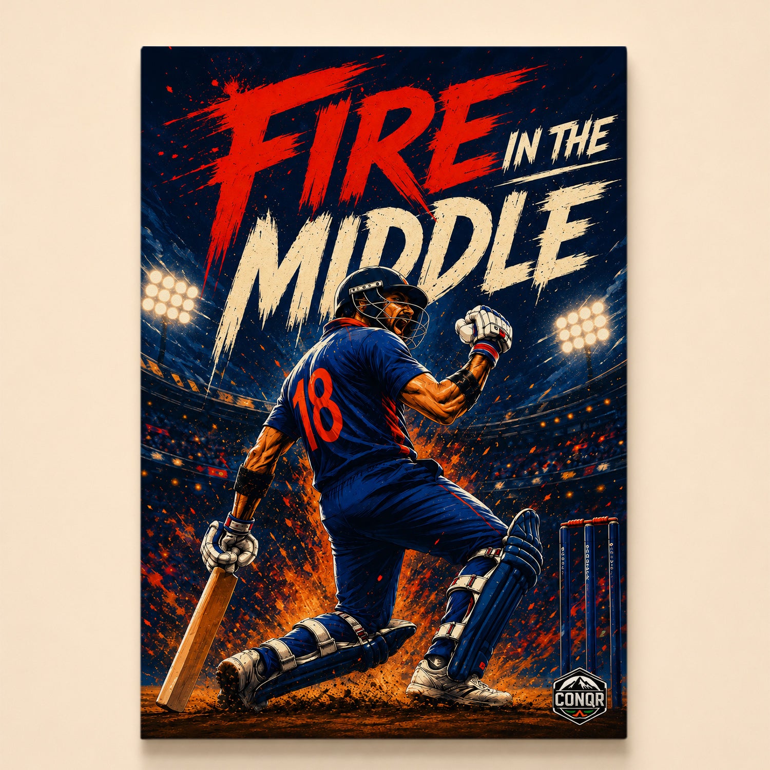 Illustrated batsman in a blue number 18 jersey kneeling after a shot – Fire in the Middle