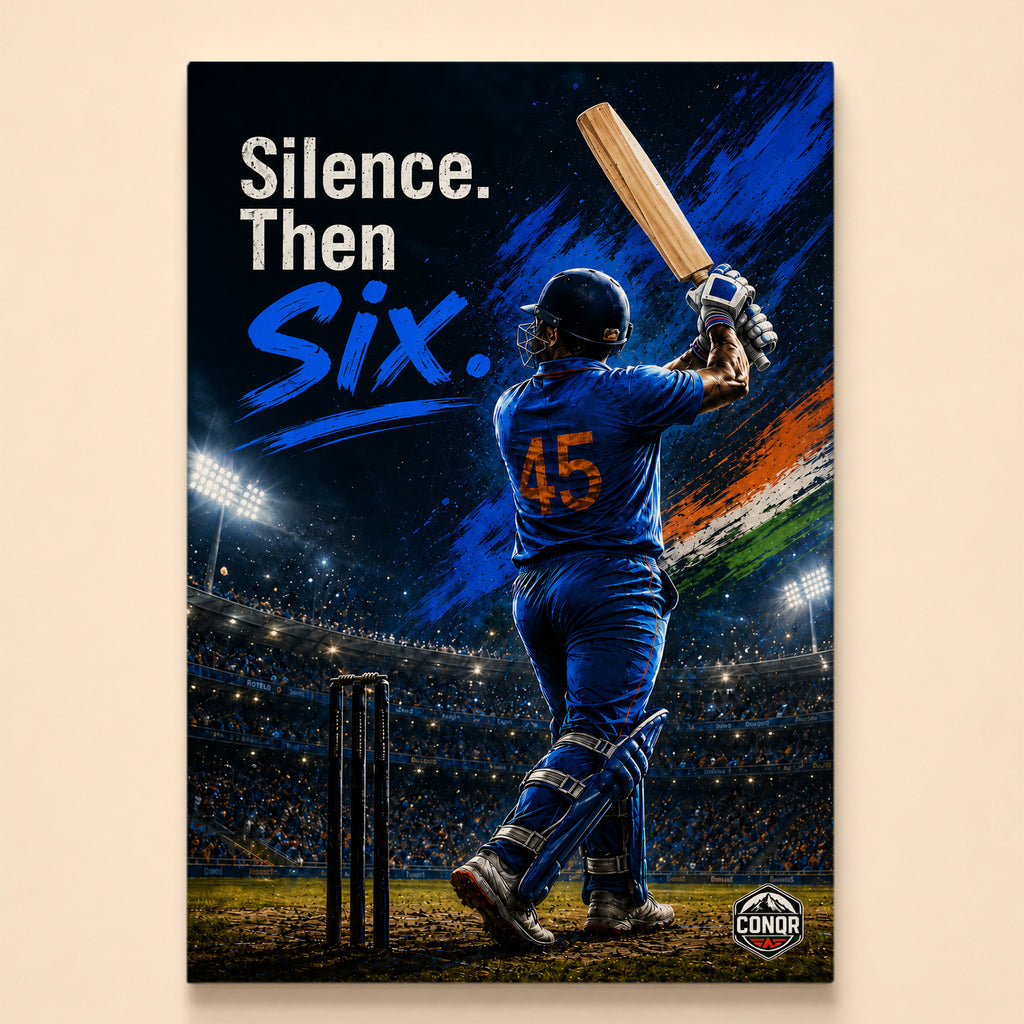 Batsman in a blue number 45 jersey mid-swing with tricolor brushstrokes – Silence. Then Six.