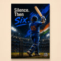 Batsman in a blue number 45 jersey mid-swing with tricolor brushstrokes – Silence. Then Six.