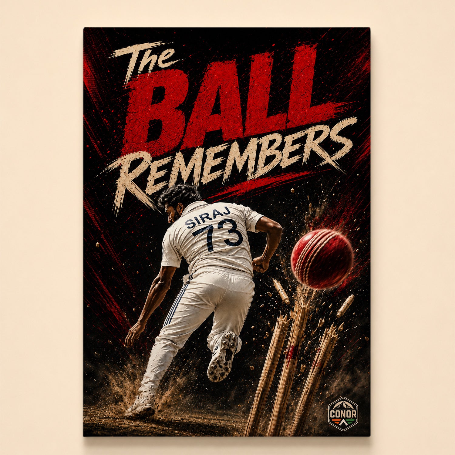 Bowler in a Siraj 73 jersey as the ball shatters the stumps – The Ball Remembers