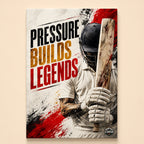 Helmeted batsman holding his bat upright on a splattered background – Pressure Builds Legends