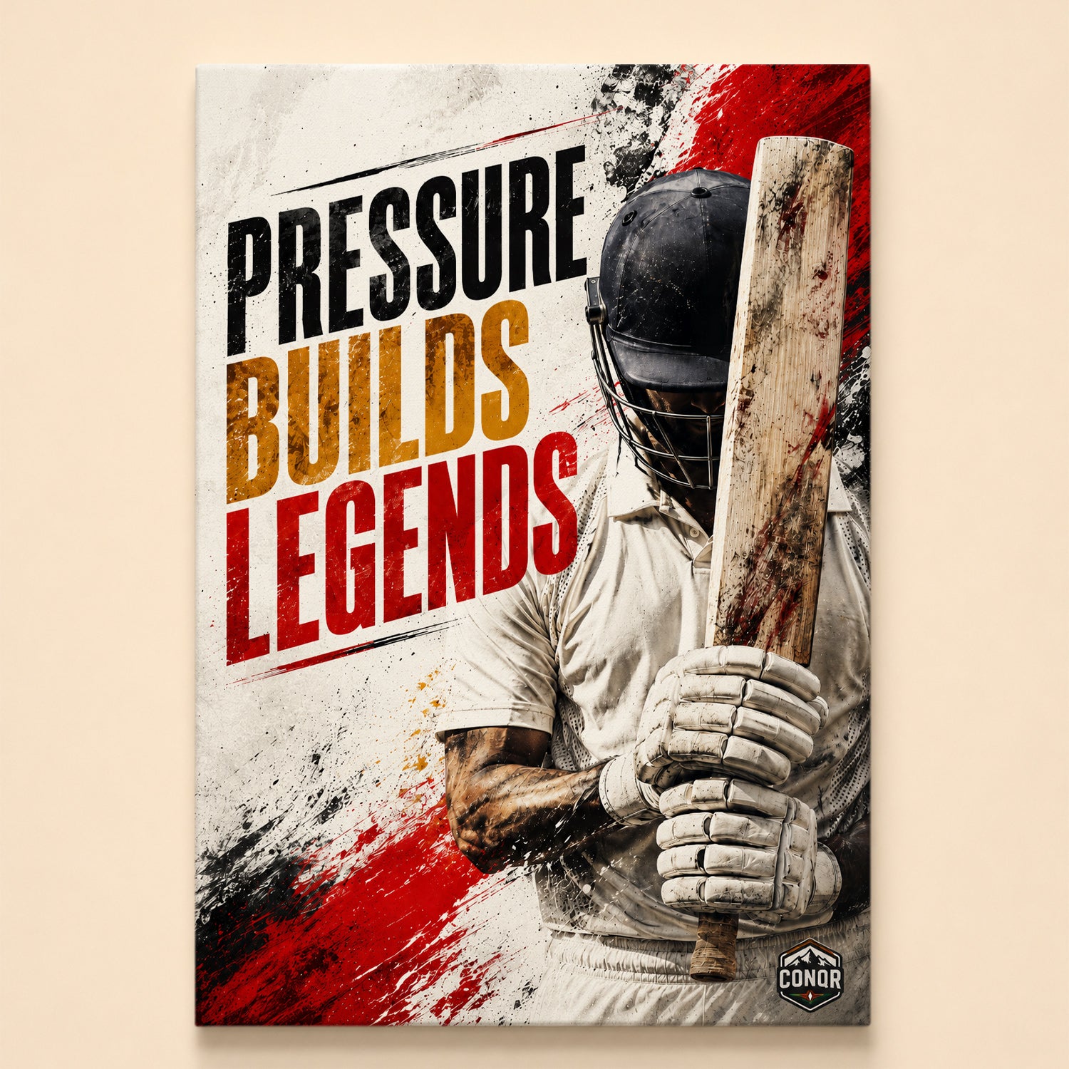 Helmeted batsman holding his bat upright on a splattered background – Pressure Builds Legends