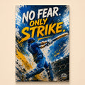 Illustrated batsman mid-swing on blue and yellow paint splatter – No Fear. Only Strike.