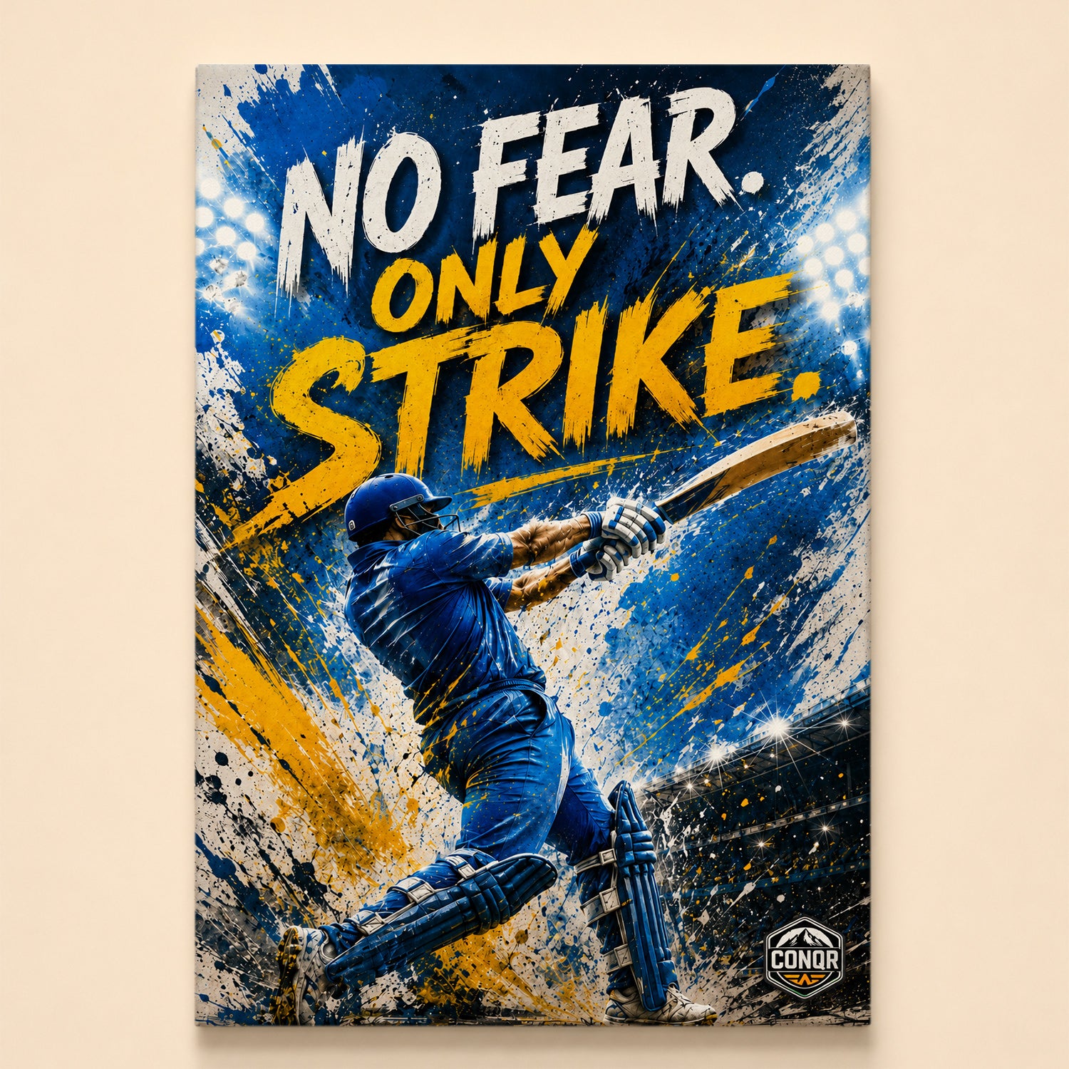 Illustrated batsman mid-swing on blue and yellow paint splatter – No Fear. Only Strike.