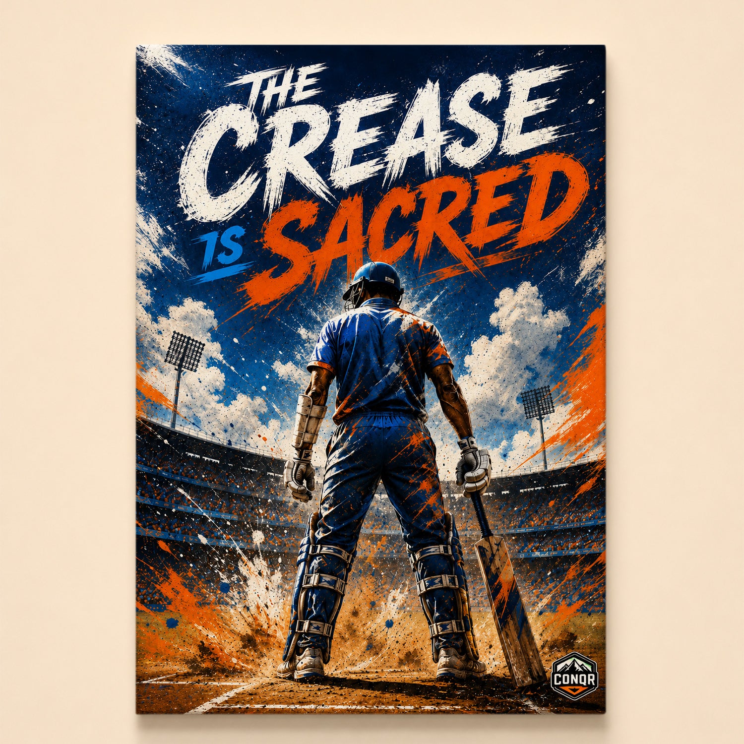Batsman from behind at the crease in a packed stadium – The Crease Is Sacred