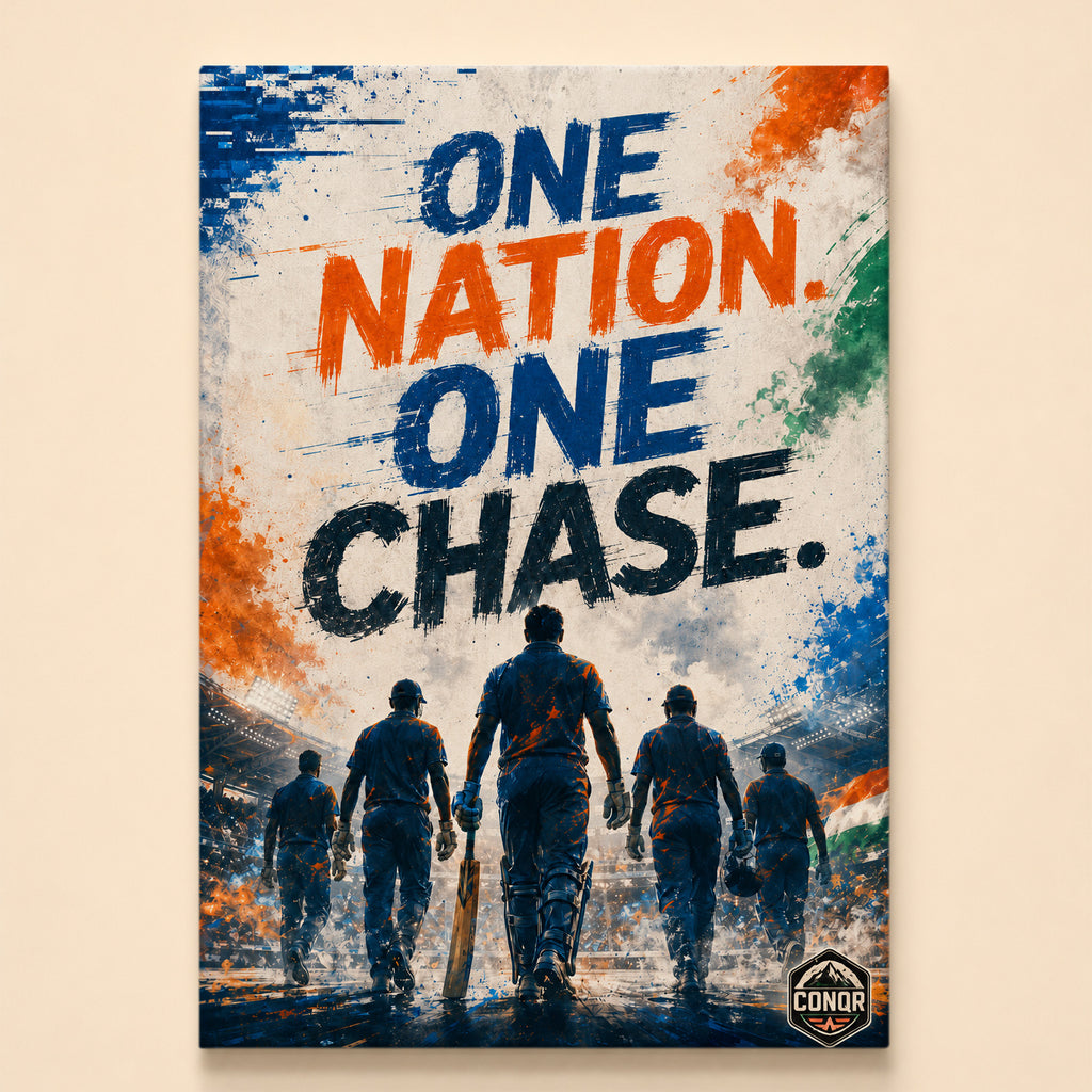 Five cricketers walking forward in tricolor paint splatter – One Nation. One Chase.