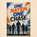 Five cricketers walking forward in tricolor paint splatter – One Nation. One Chase.