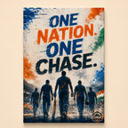 Five cricketers walking forward in tricolor paint splatter – One Nation. One Chase.