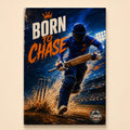 Illustrated batsman running between wickets with a crown icon – Born to Chase