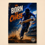 Illustrated batsman running between wickets with a crown icon – Born to Chase