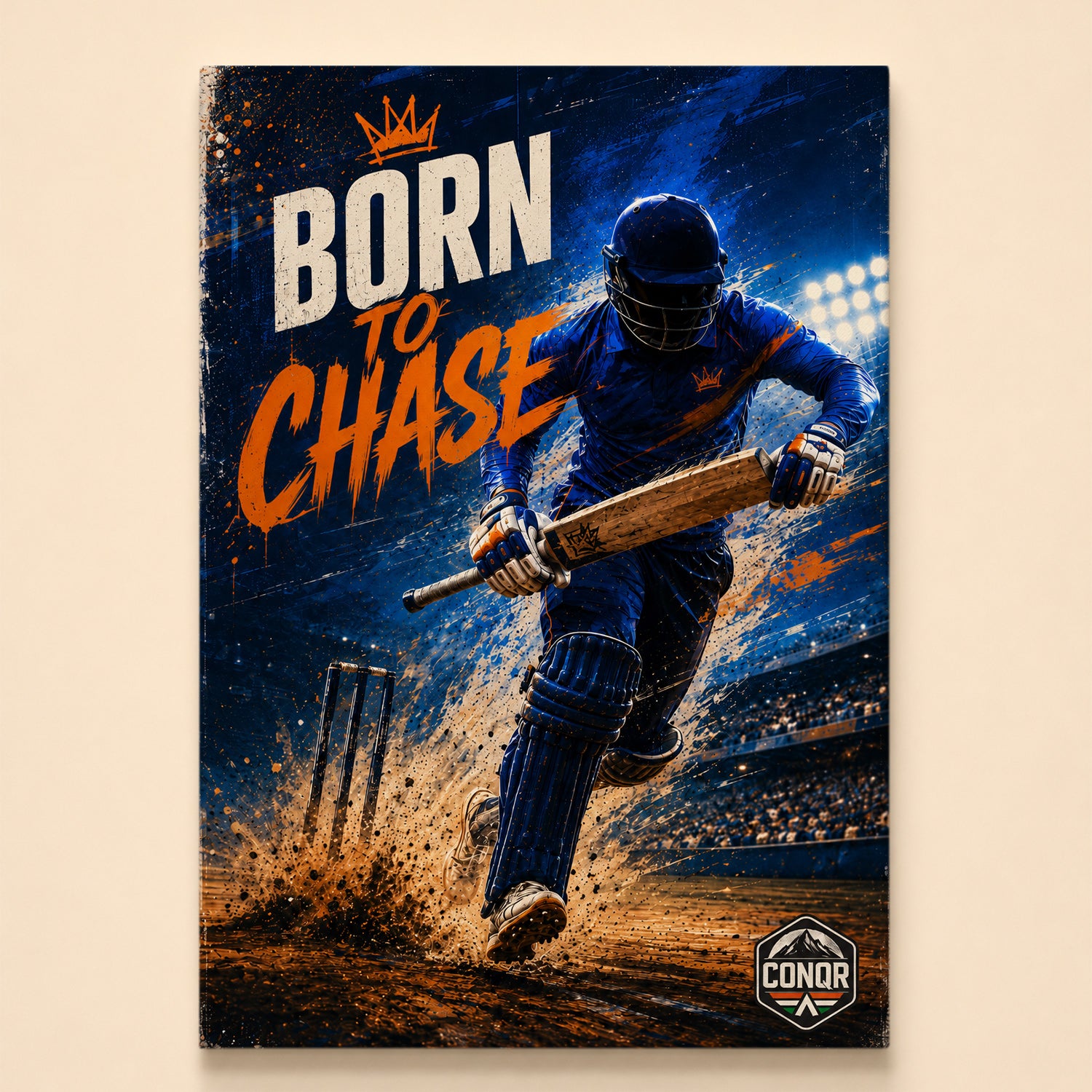 Illustrated batsman running between wickets with a crown icon – Born to Chase