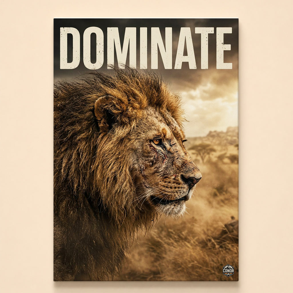 Scarred male lion in profile against a stormy savanna under the word Dominate