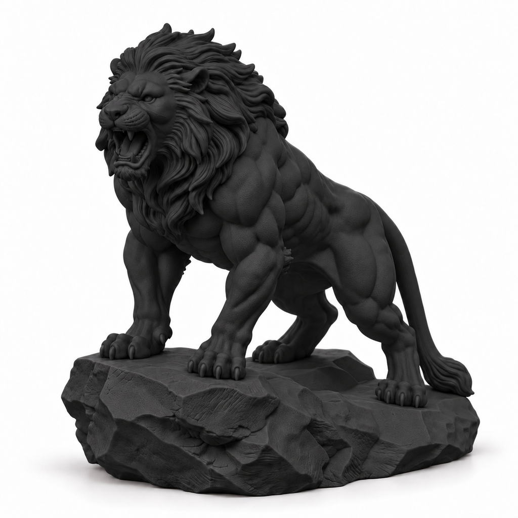 CONQR Lion lightweight 3D printed PLA desk statue, 9 inch, Black - white background