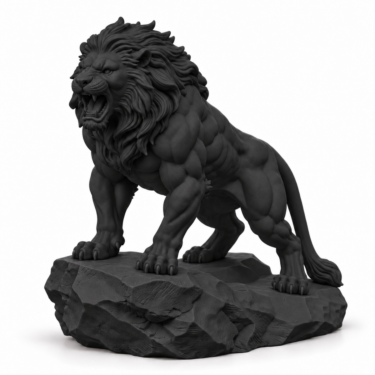 CONQR Lion lightweight 3D printed PLA desk statue, 9 inch, Black - white background
