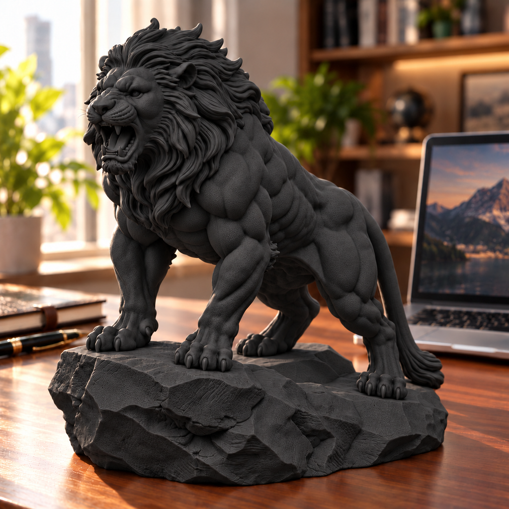 CONQR Lion lightweight 3D printed PLA desk statue, 9 inch, Black - office desk