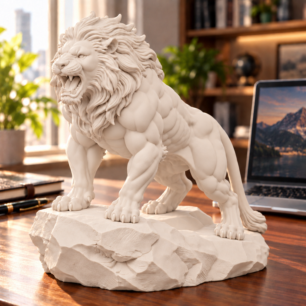 CONQR Lion lightweight 3D printed PLA desk statue, 9 inch, Warm Beige - office desk