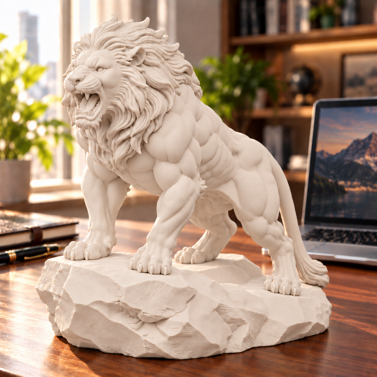 CONQR Lion lightweight 3D printed PLA desk statue, 9 inch, Warm Beige - office desk