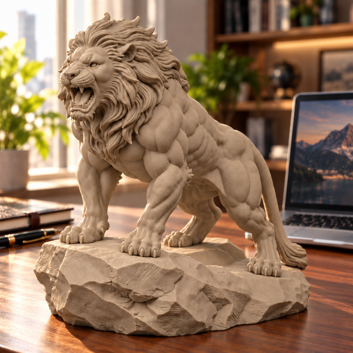 CONQR Lion lightweight 3D printed PLA desk statue, 9 inch, Sandstorm - office desk