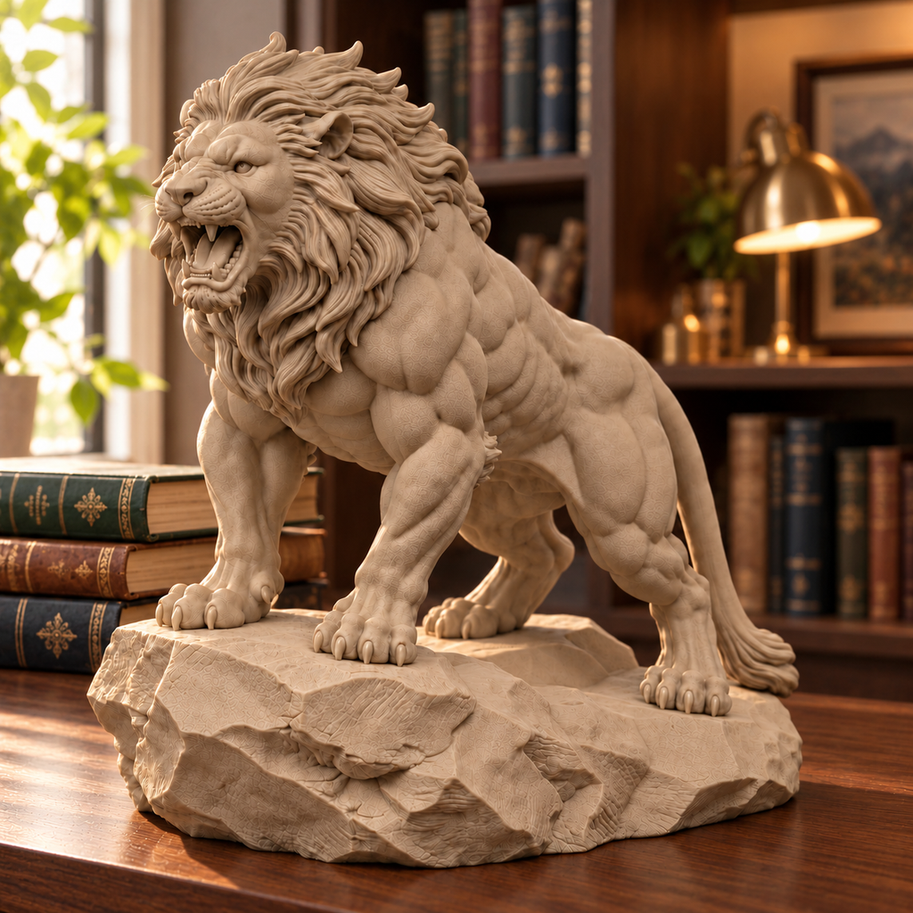 CONQR Lion lightweight 3D printed PLA desk statue, 9 inch, Sandstorm - bookshelf