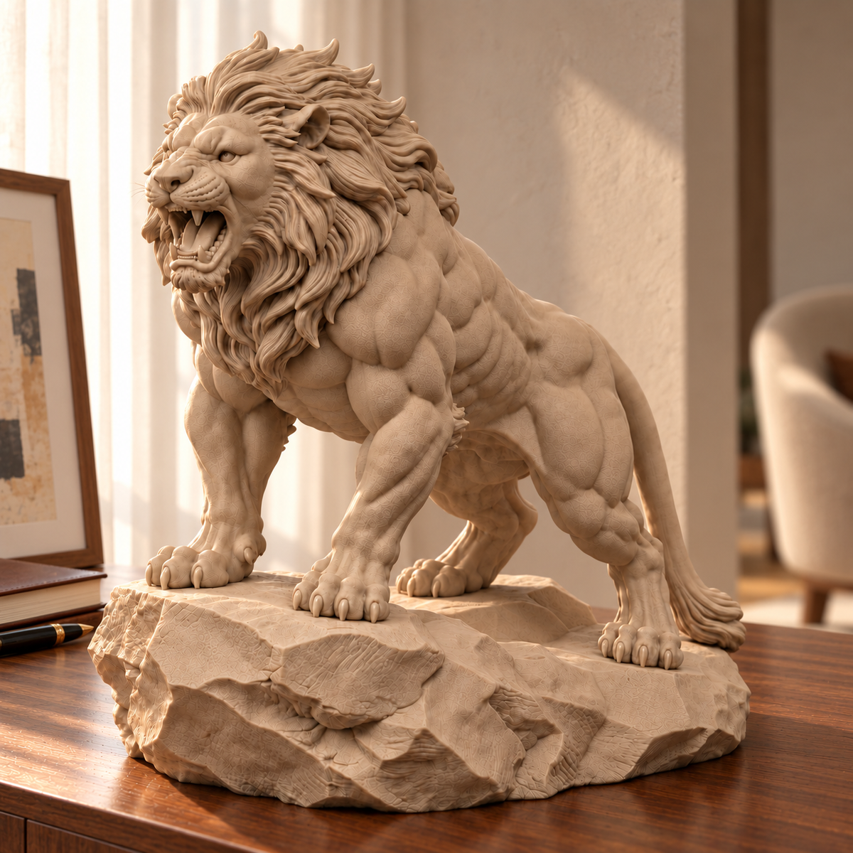 CONQR Lion lightweight 3D printed PLA desk statue, 9 inch, Sandstorm - home console
