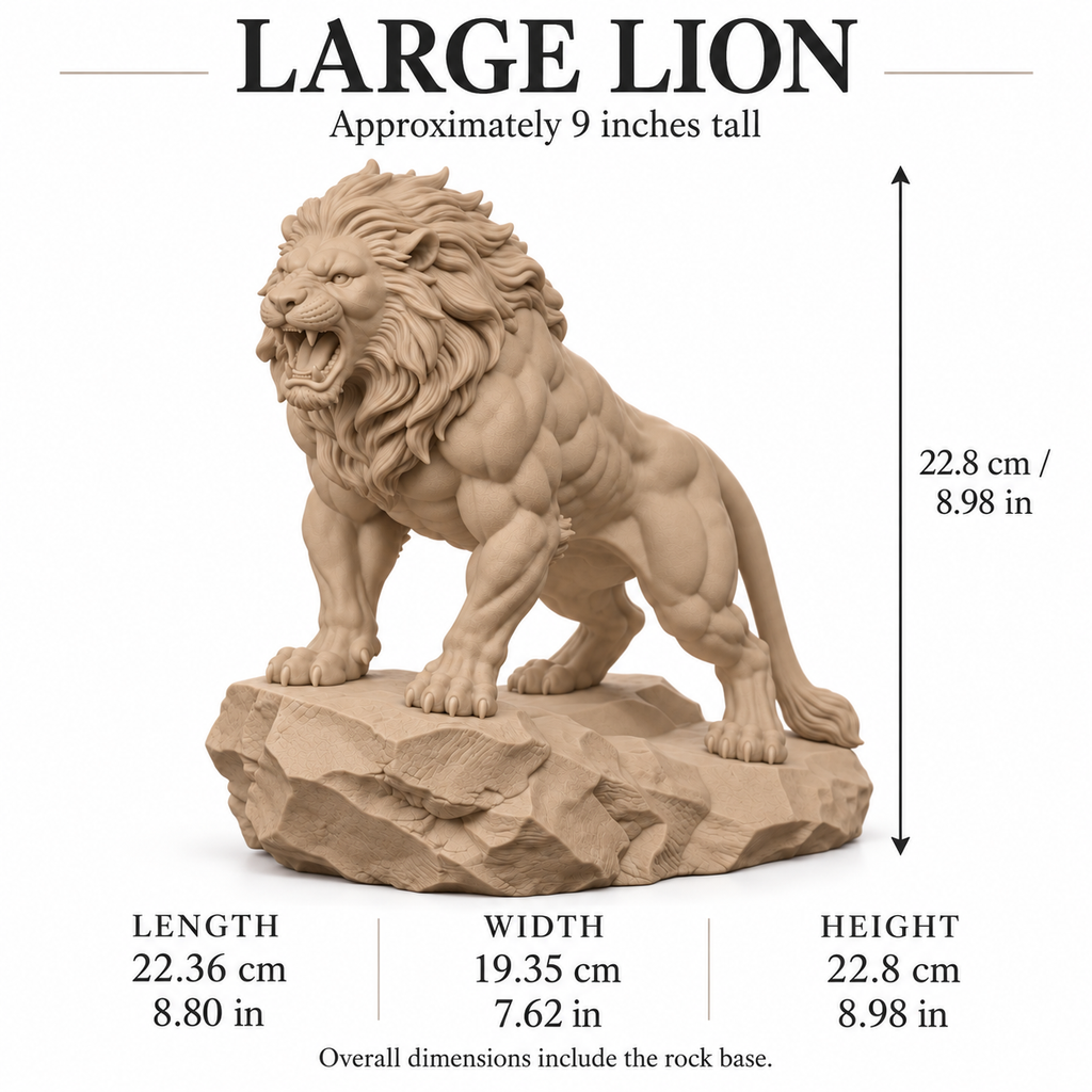 CONQR Lion lightweight 3D printed PLA desk statue, 9 inch, Sandstorm - size guide