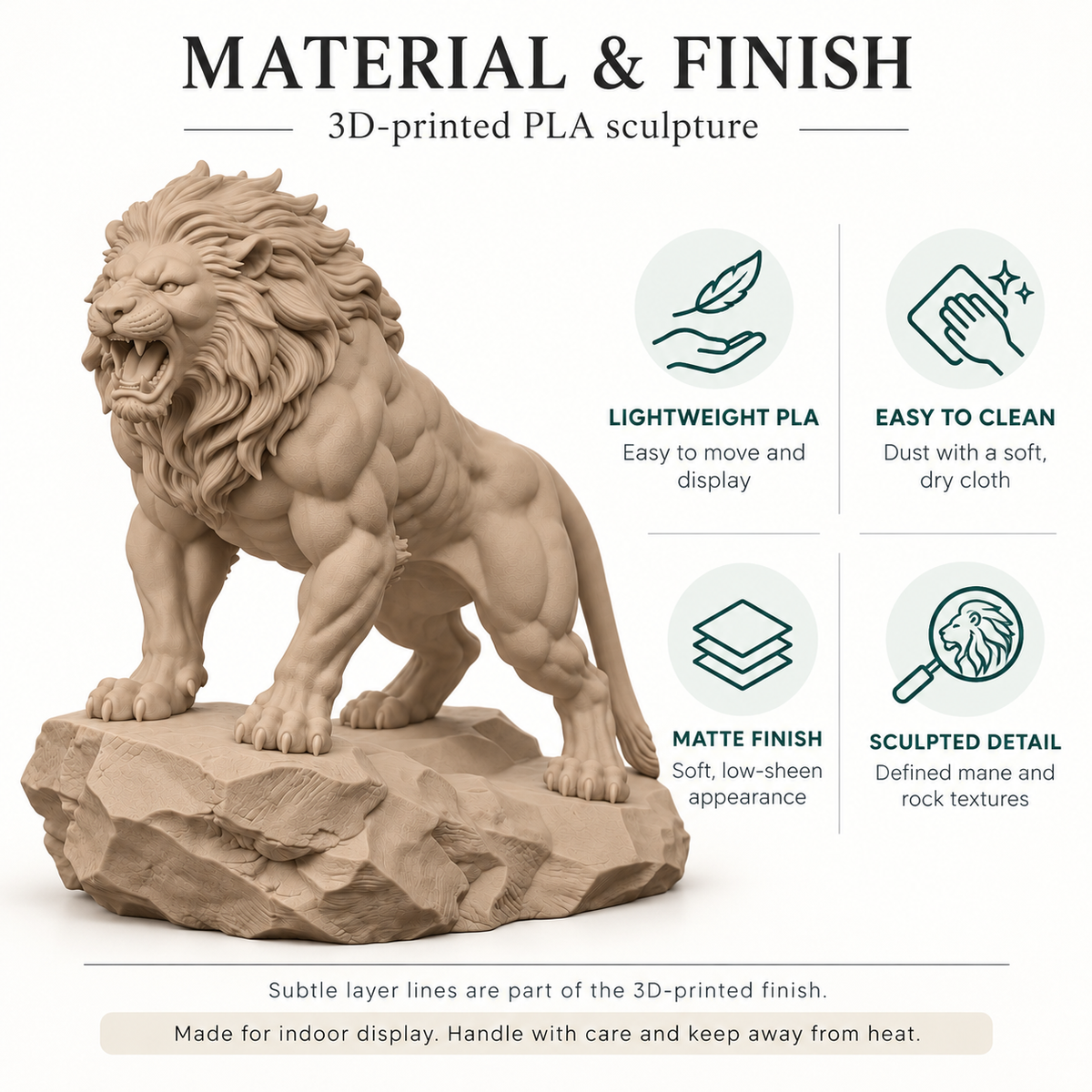 CONQR Lion lightweight 3D printed PLA desk statue, 9 inch, Sandstorm - material and finish