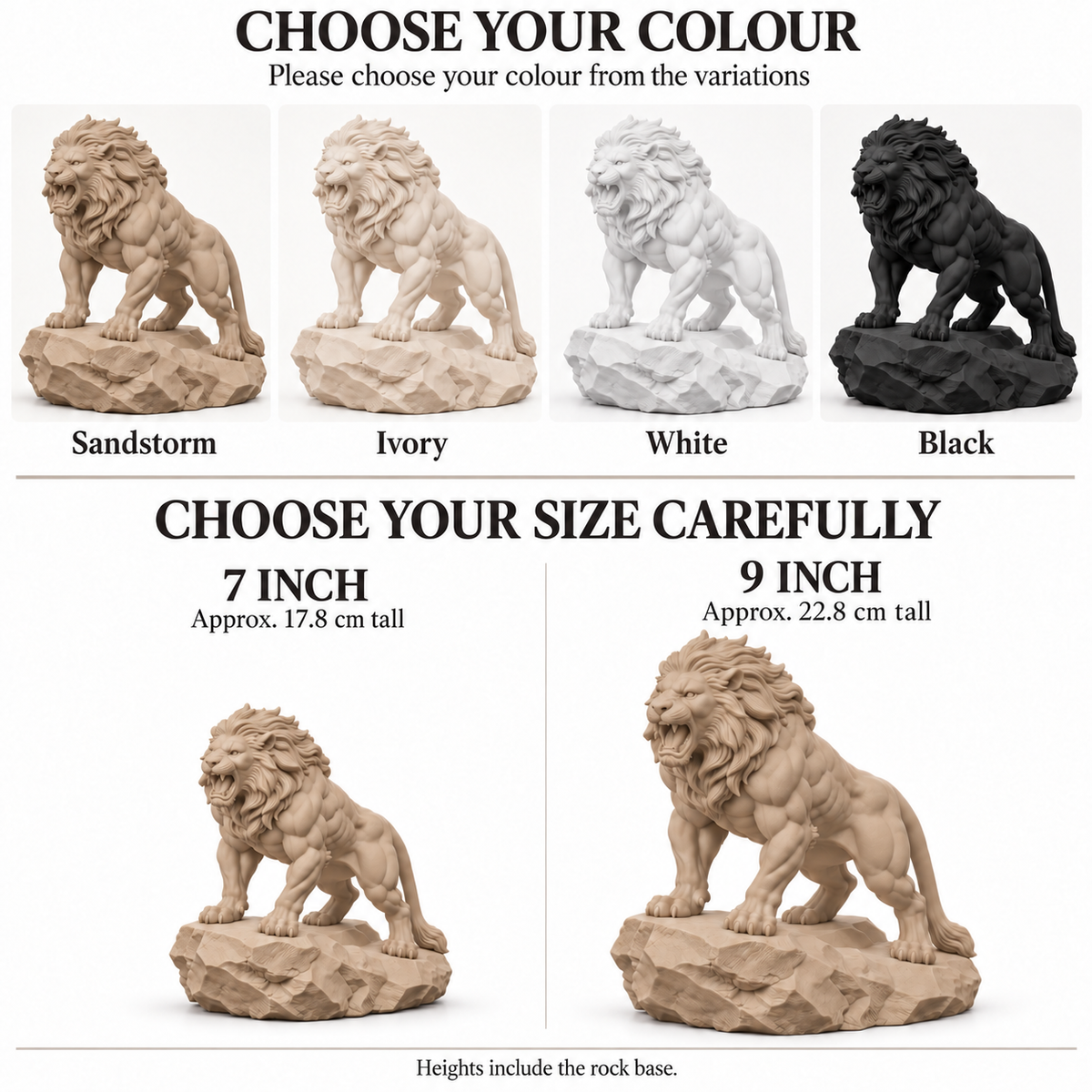 CONQR Lion lightweight 3D printed PLA desk statue, 9 inch, Sandstorm - colours and sizes