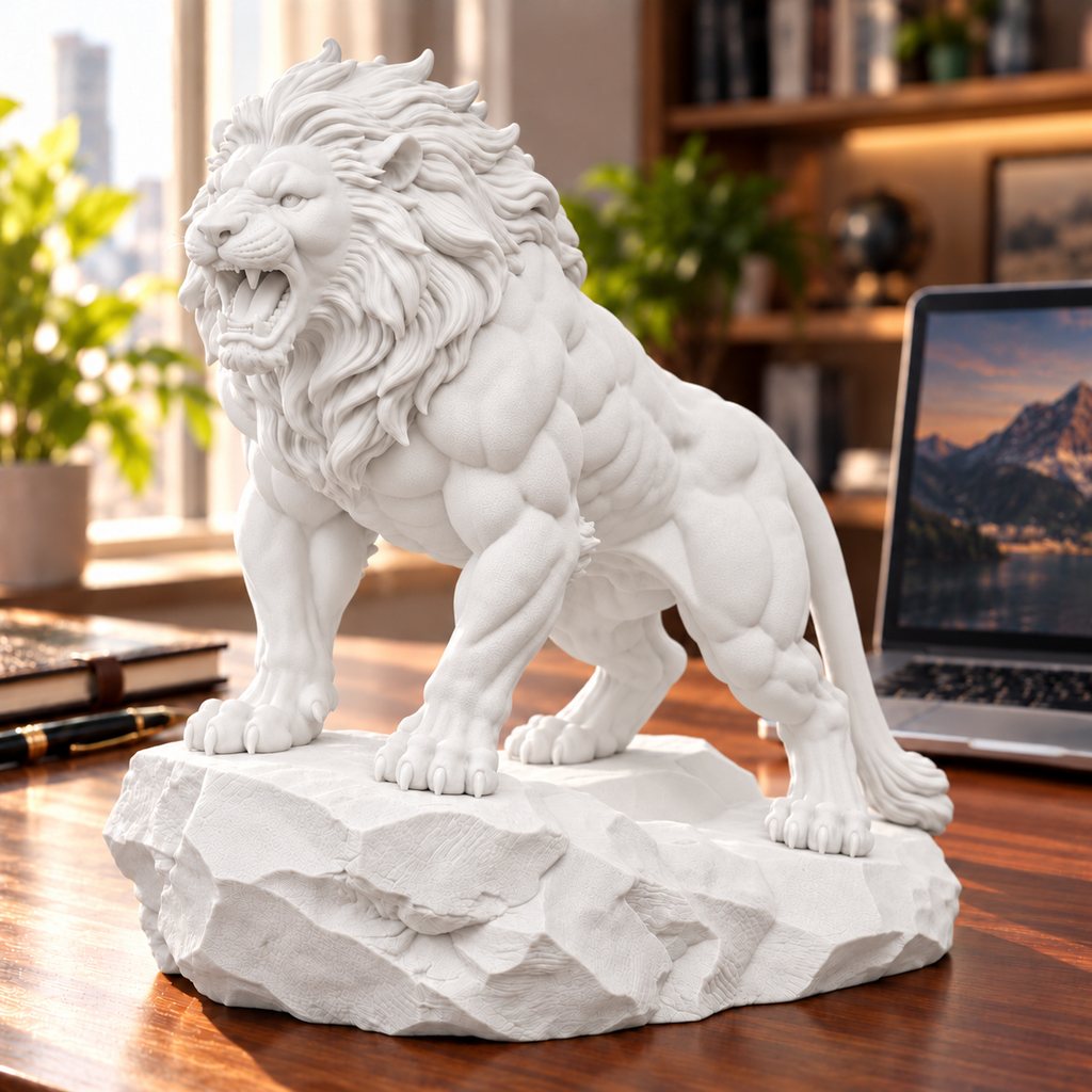 CONQR Lion lightweight 3D printed PLA desk statue, 9 inch, White - office desk