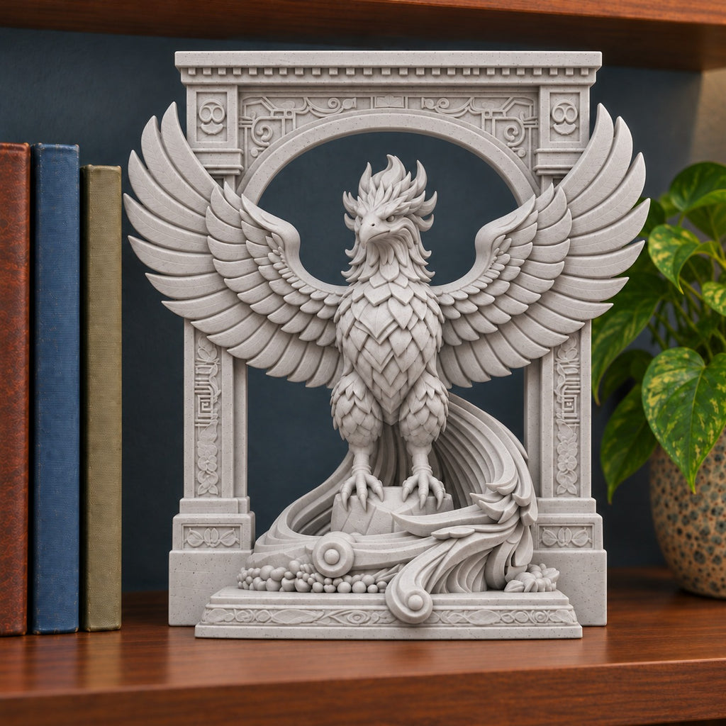 The Phoenix Rise Again desk sculpture in Marble Limestone, large, 20 cm, on a bookshelf