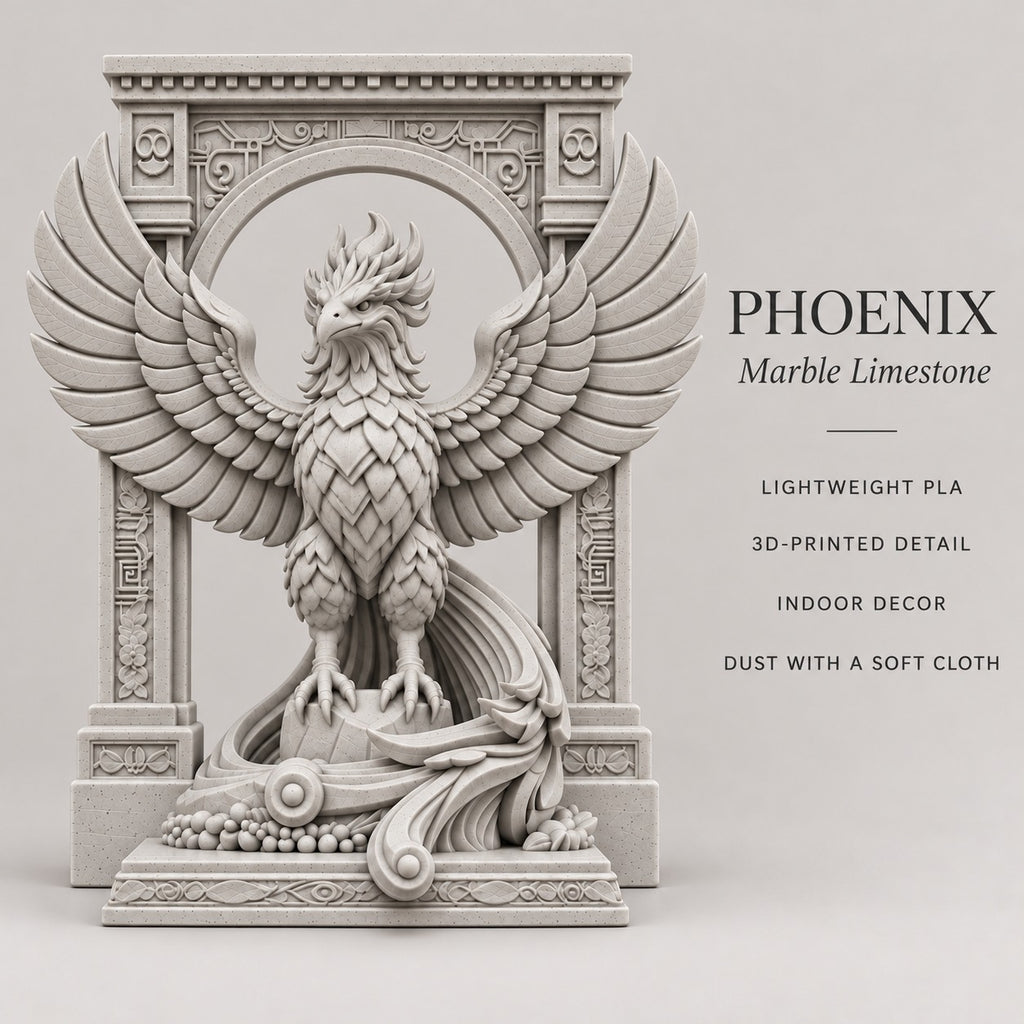 The Phoenix Rise Again desk sculpture in Marble Limestone, large, 20 cm, material and care details