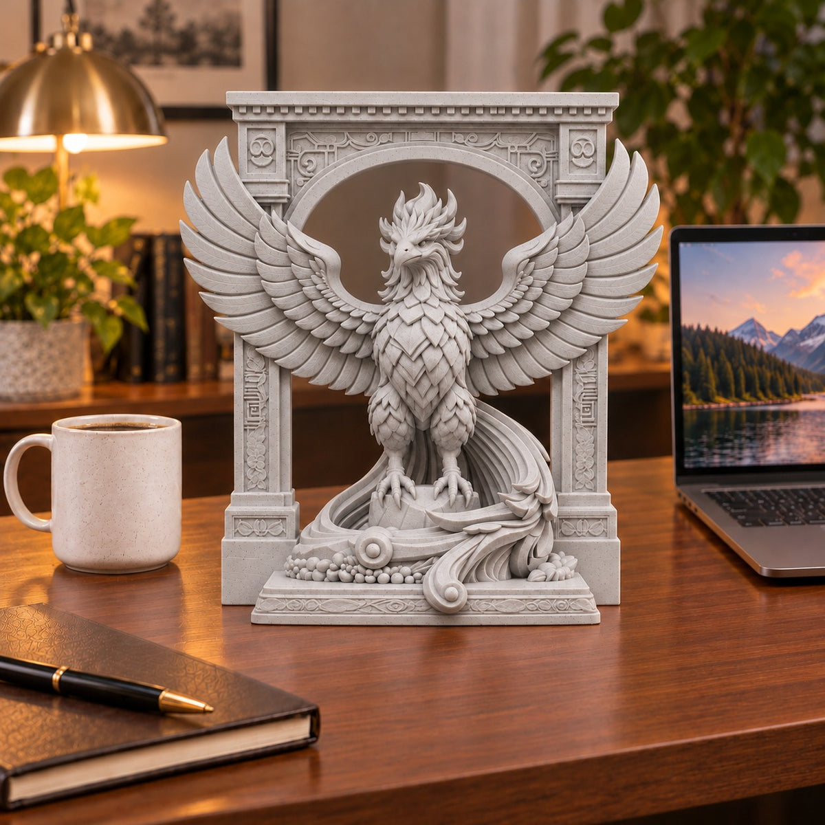 The Phoenix Rise Again desk sculpture in Marble Limestone, large, 20 cm, on an office desk