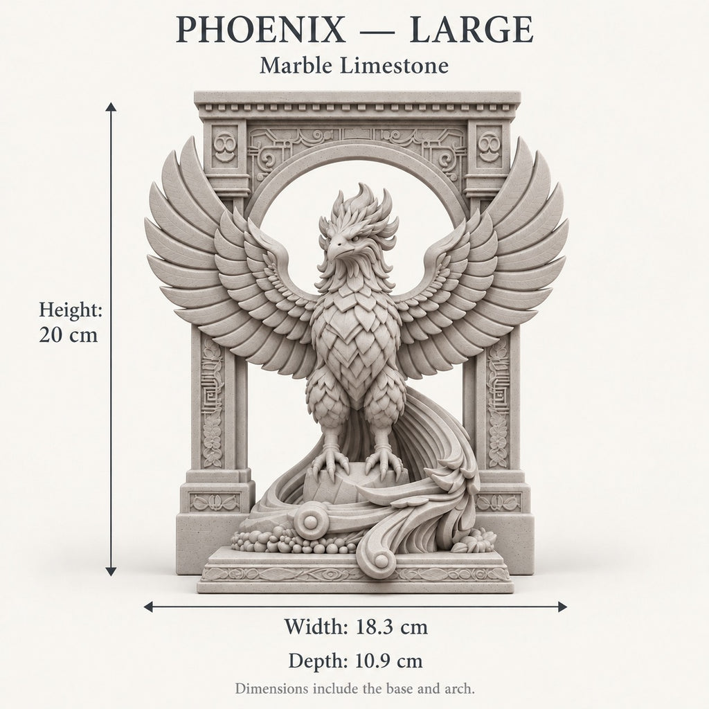 The Phoenix Rise Again desk sculpture in Marble Limestone, large, 20 cm, size guide with dimensions