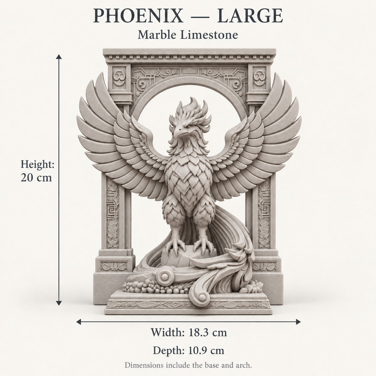 The Phoenix Rise Again desk sculpture in Marble Limestone, large, 20 cm, size guide with dimensions