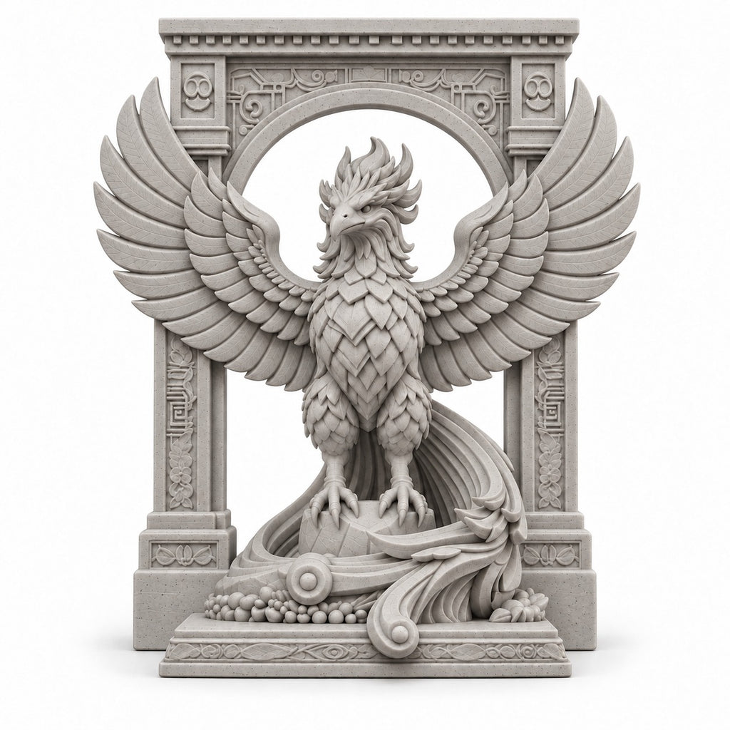 The Phoenix Rise Again desk sculpture in Marble Limestone, large, 20 cm, on a white background