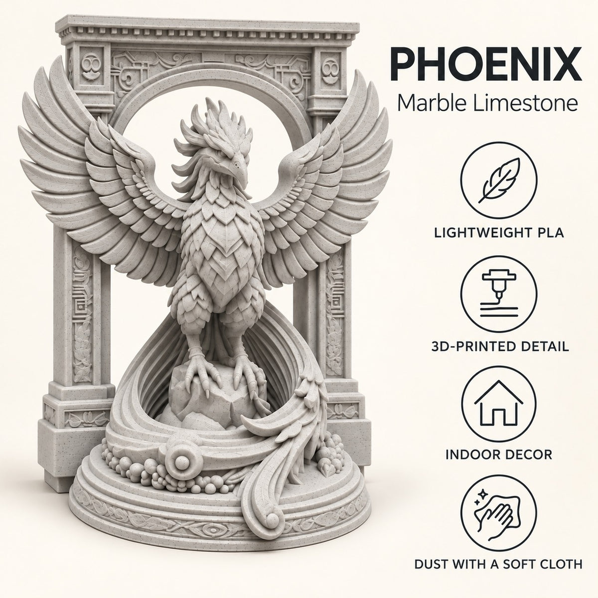 The Phoenix Rise Again desk sculpture in Marble Limestone, small, 14.5 cm, material and care details
