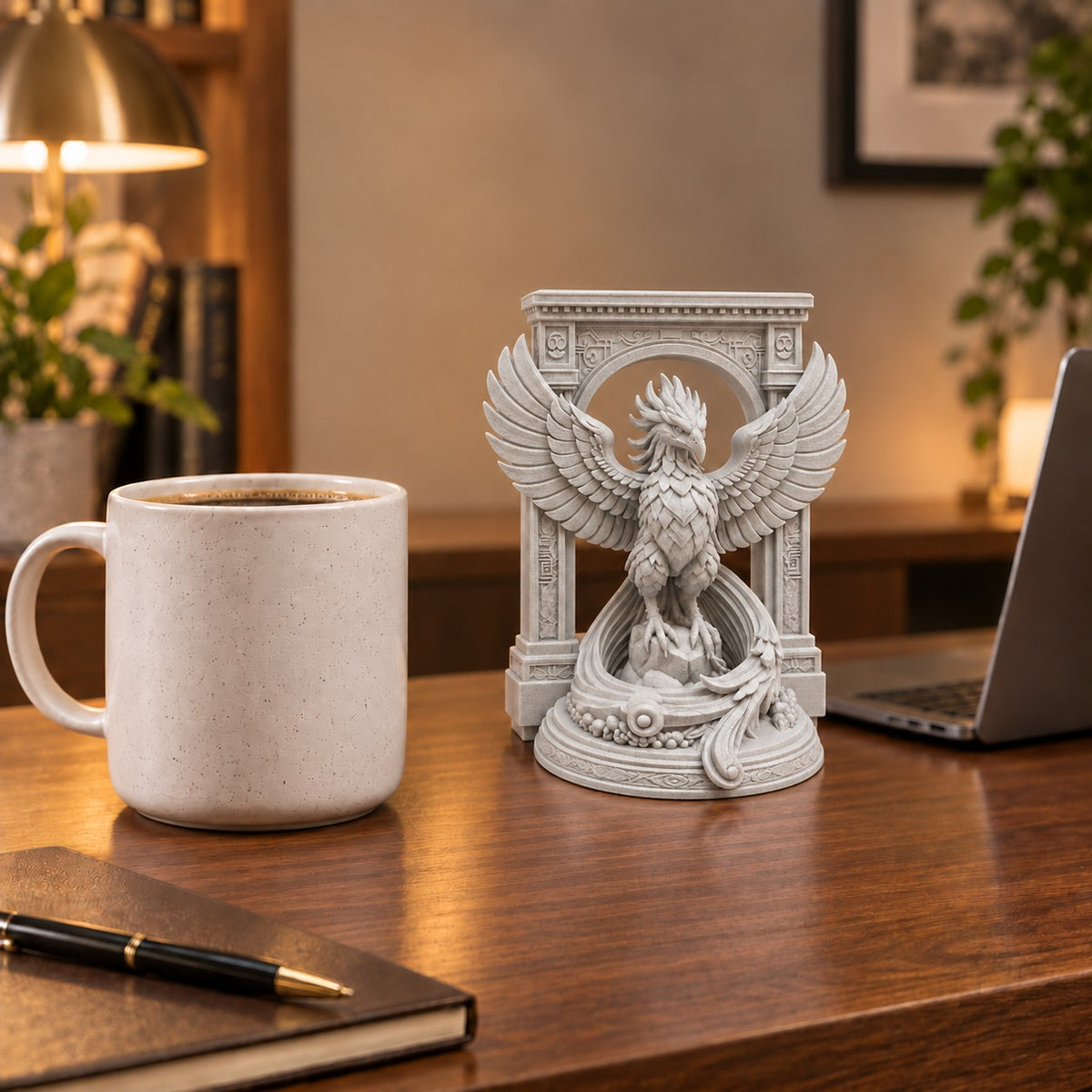 The Phoenix Rise Again desk sculpture in Marble Limestone, small, 14.5 cm, on an office desk
