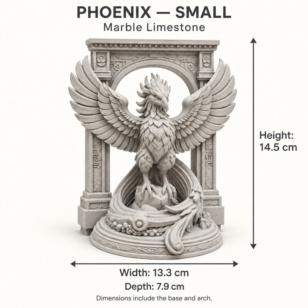The Phoenix Rise Again desk sculpture in Marble Limestone, small, 14.5 cm, size guide with dimensions