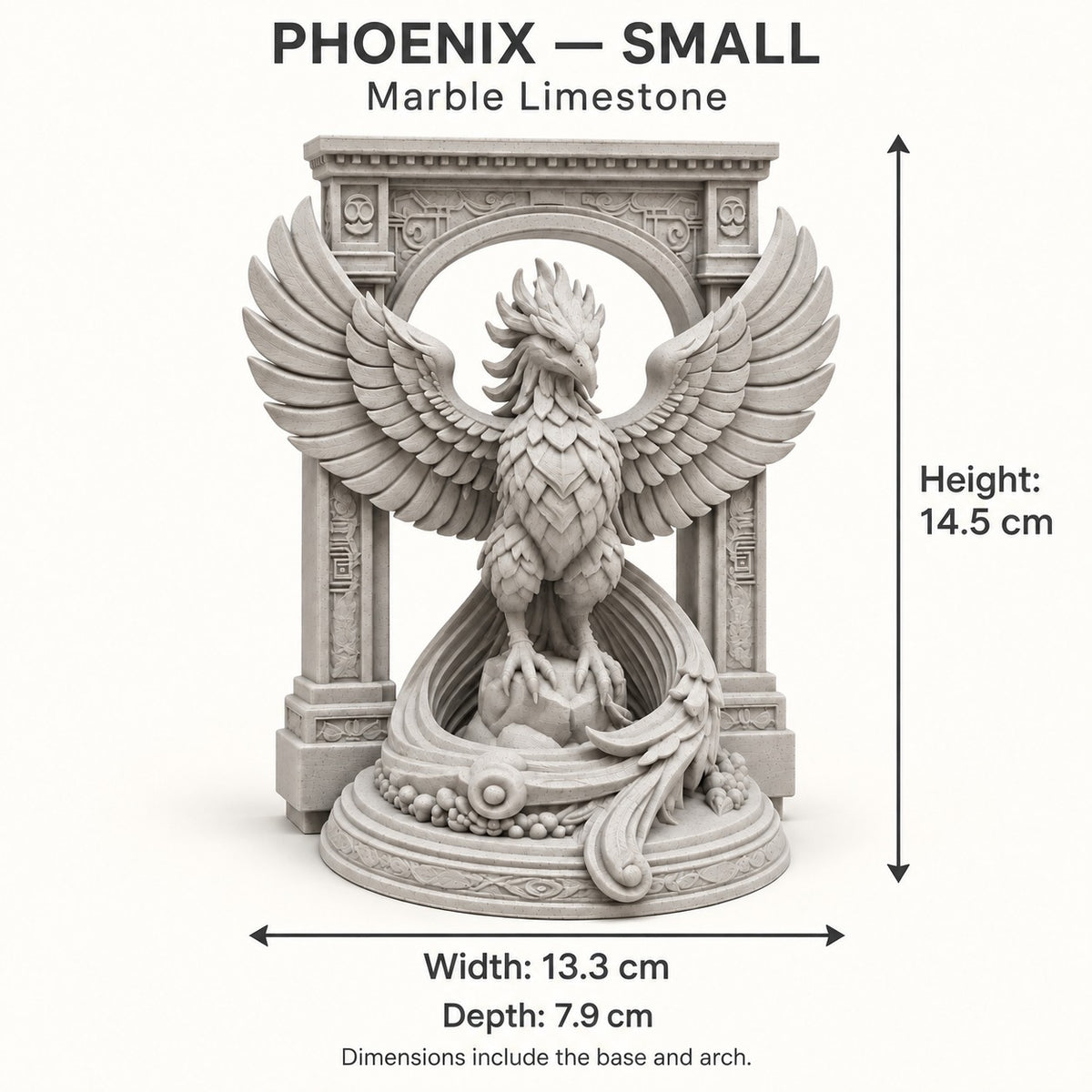 The Phoenix Rise Again desk sculpture in Marble Limestone, small, 14.5 cm, size guide with dimensions