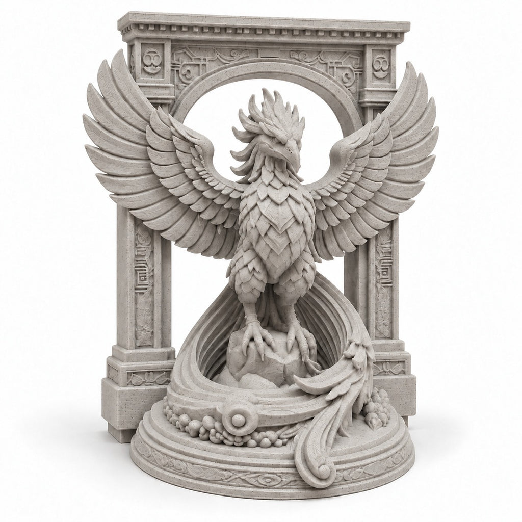 The Phoenix Rise Again desk sculpture in Marble Limestone, small, 14.5 cm, on a white background