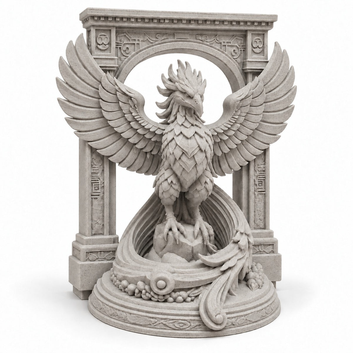 The Phoenix Rise Again desk sculpture in Marble Limestone, small, 14.5 cm, on a white background