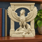 The Phoenix Rise Again desk sculpture in Marble Sandstone, large, 20 cm, on a bookshelf