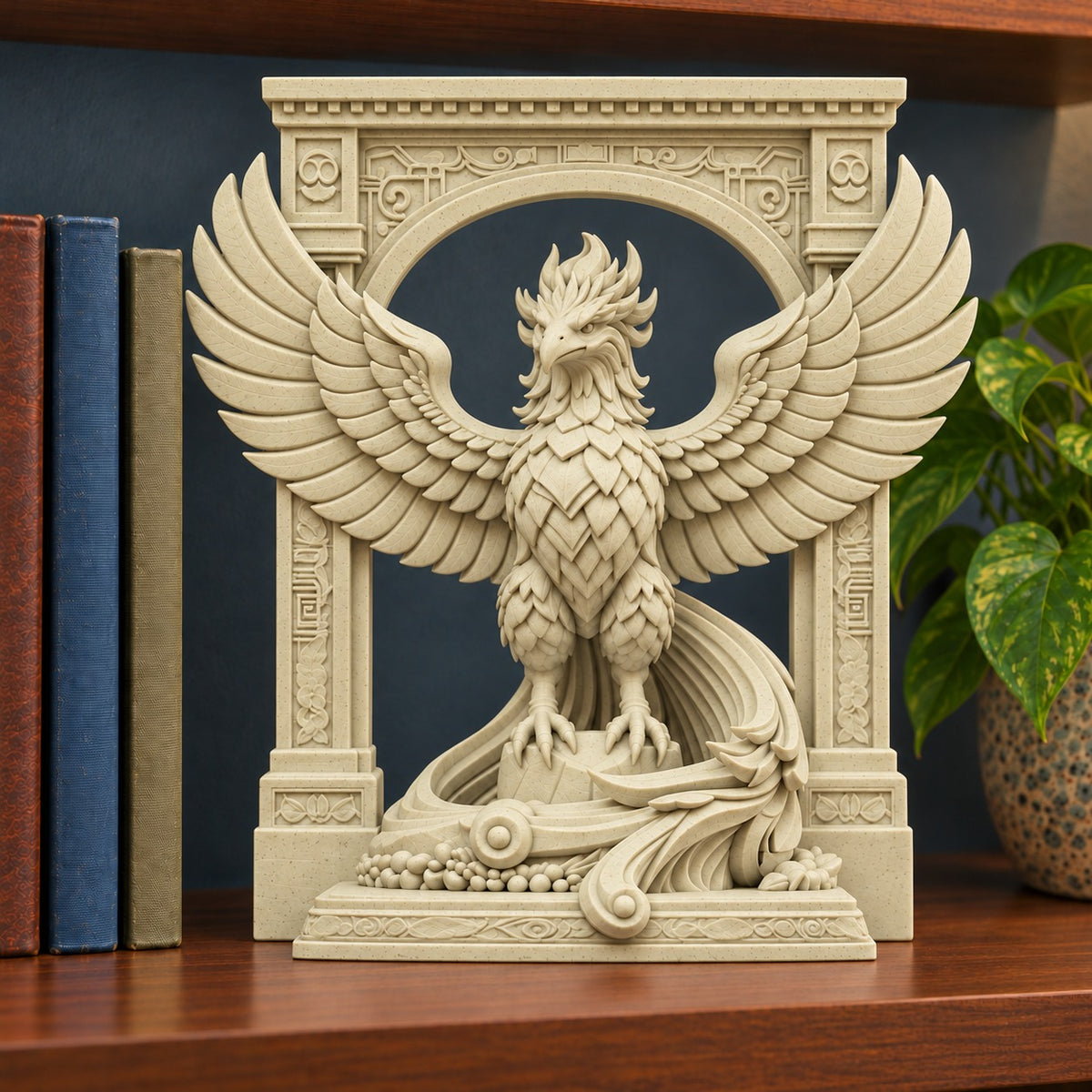 The Phoenix Rise Again desk sculpture in Marble Sandstone, large, 20 cm, on a bookshelf