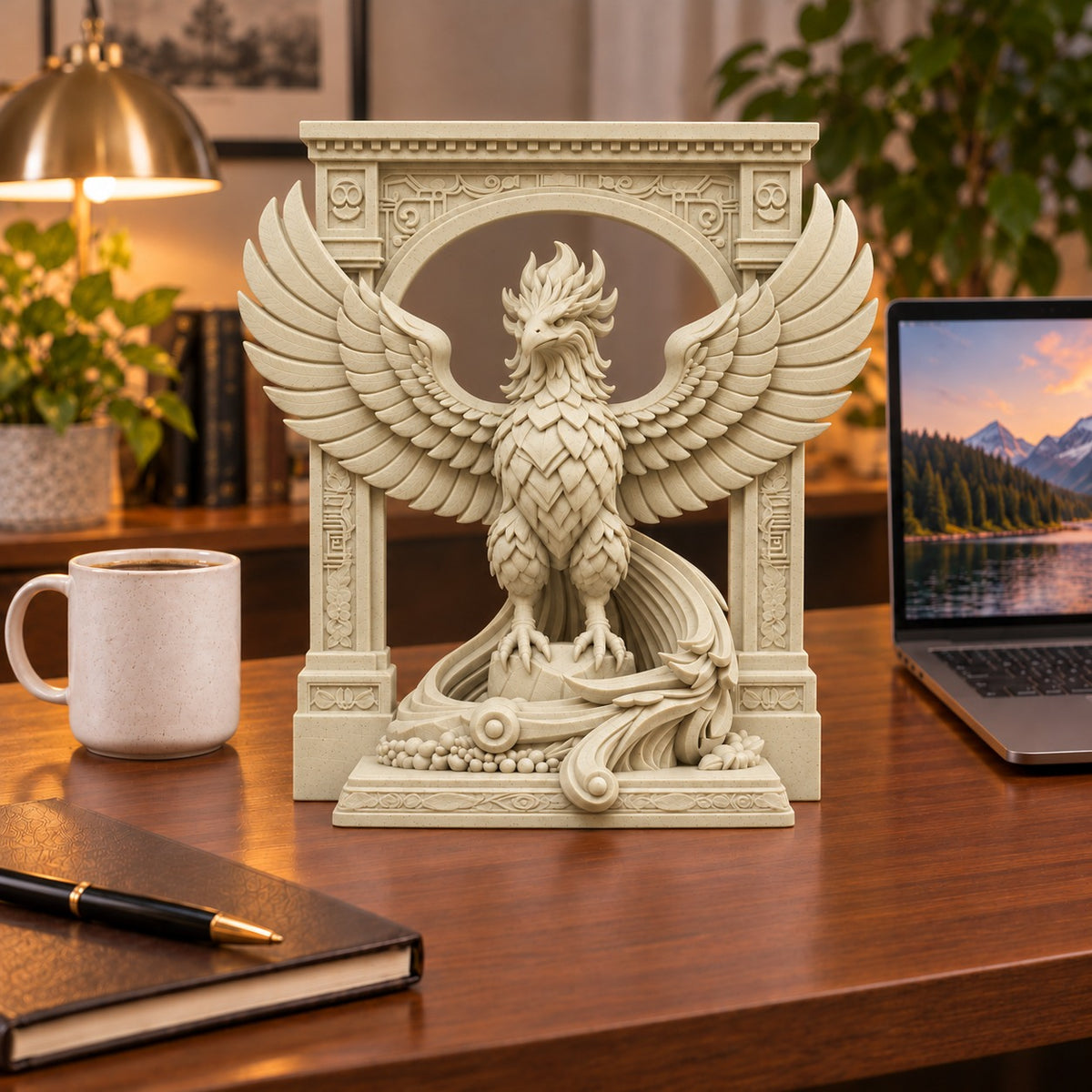 The Phoenix Rise Again desk sculpture in Marble Sandstone, large, 20 cm, on an office desk