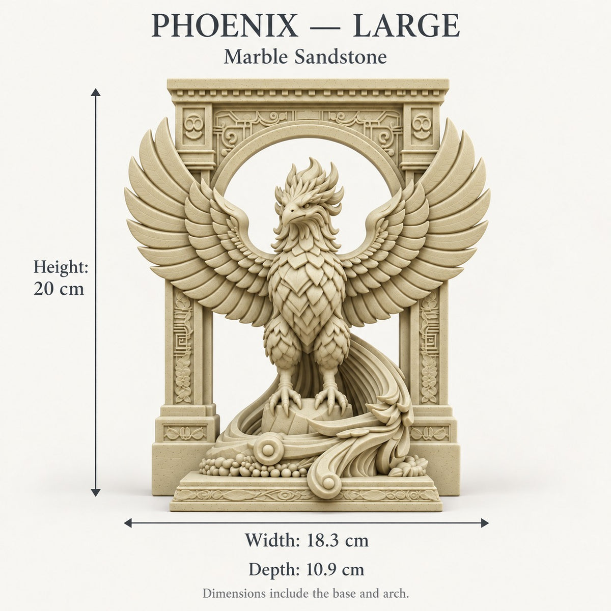 The Phoenix Rise Again desk sculpture in Marble Sandstone, large, 20 cm, size guide with dimensions