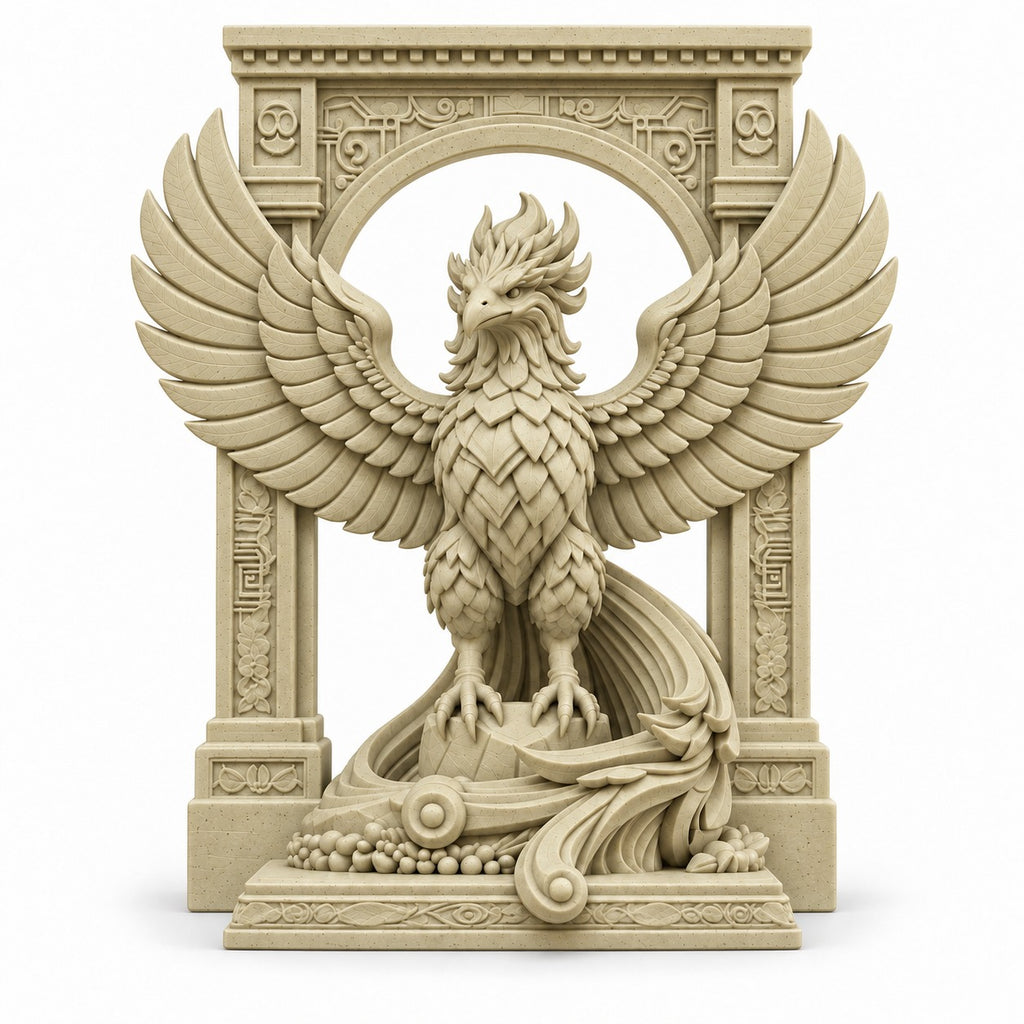 The Phoenix Rise Again desk sculpture in Marble Sandstone, large, 20 cm, on a white background