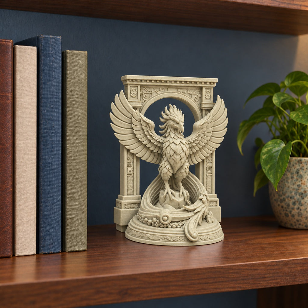 The Phoenix Rise Again desk sculpture in Marble Sandstone, small, 14.5 cm, on a bookshelf