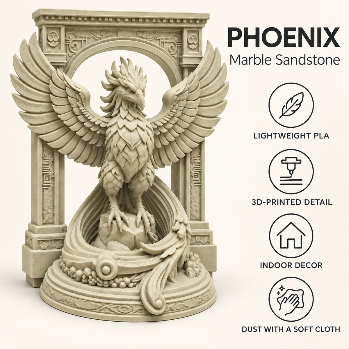 The Phoenix Rise Again desk sculpture in Marble Sandstone, small, 14.5 cm, material and care details