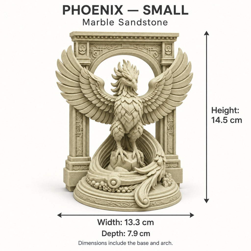 The Phoenix Rise Again desk sculpture in Marble Sandstone, small, 14.5 cm, size guide with dimensions